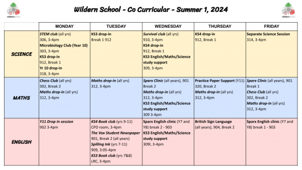 Summer 1 2024 Co Curricular Timetable